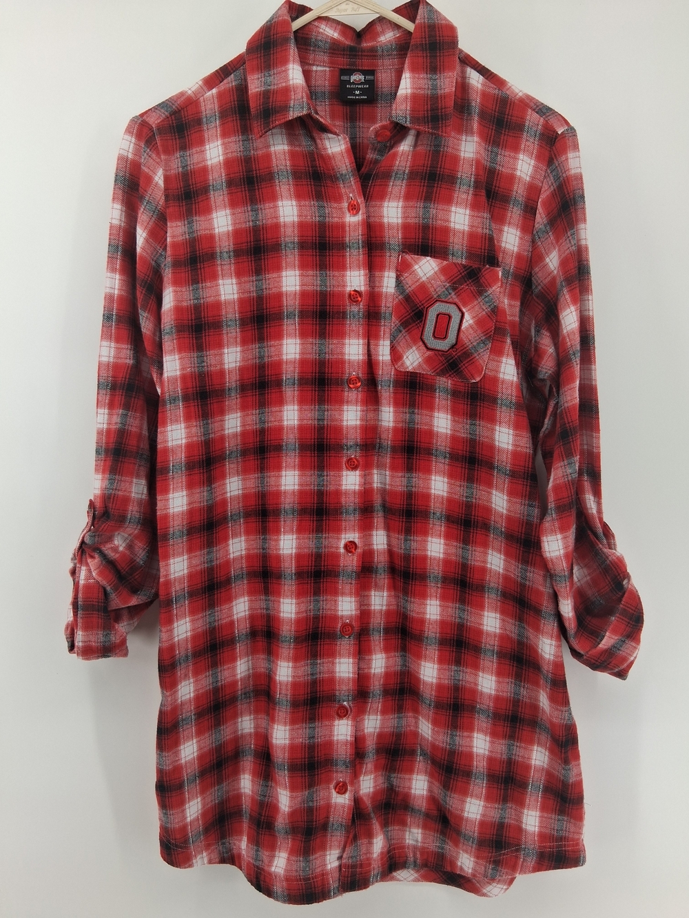 Plaid Red Button-Front Sleep Shirt with Chest Pocket